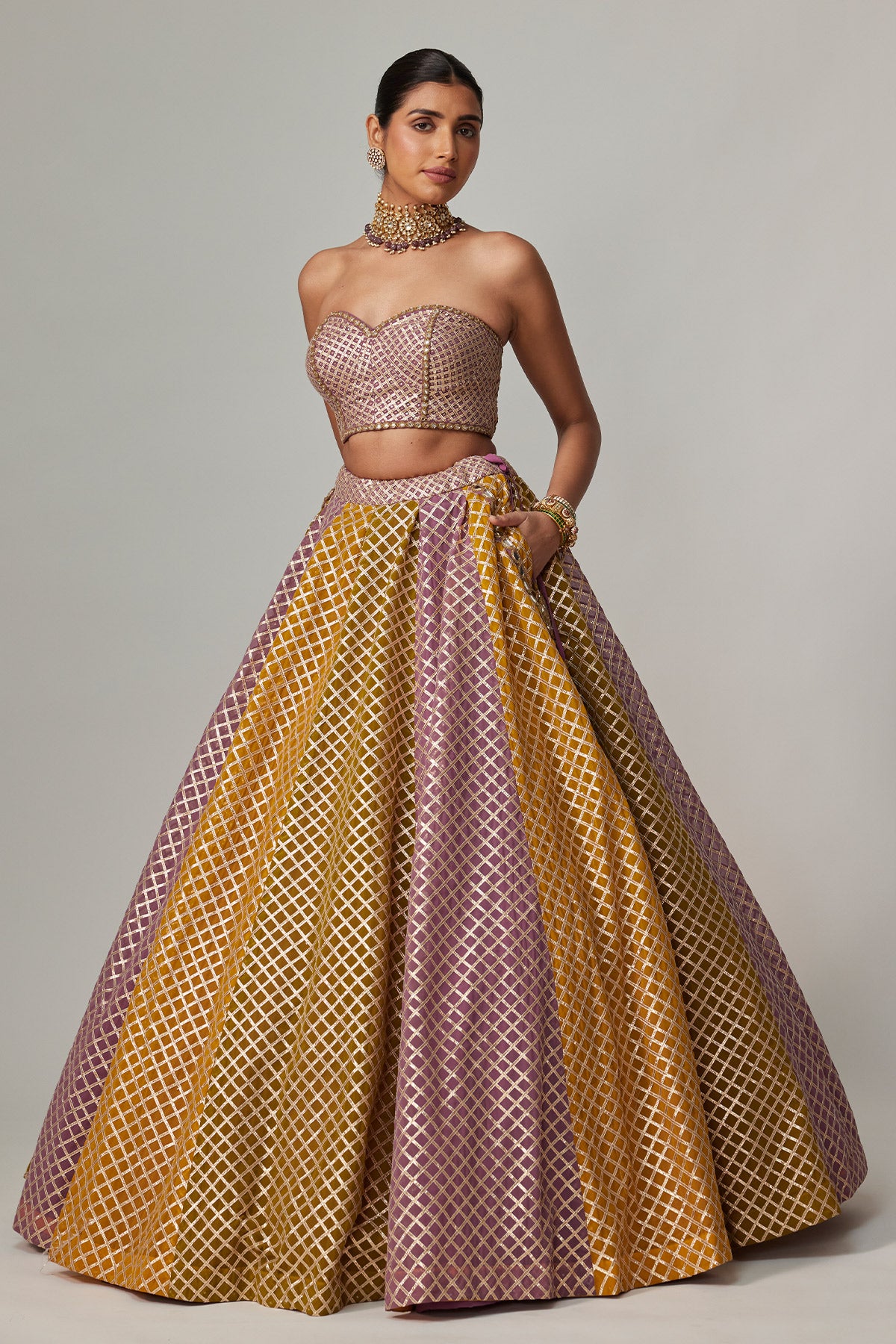 Mustard Multicolor Corset Skirt Set