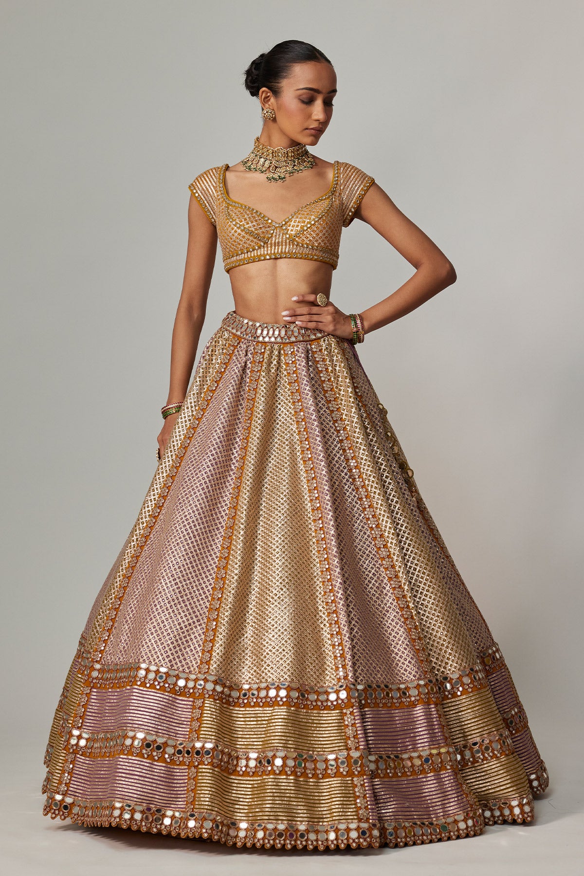 Mustard Multicolor Heavy Metallic Lehenga With Green Dupatta