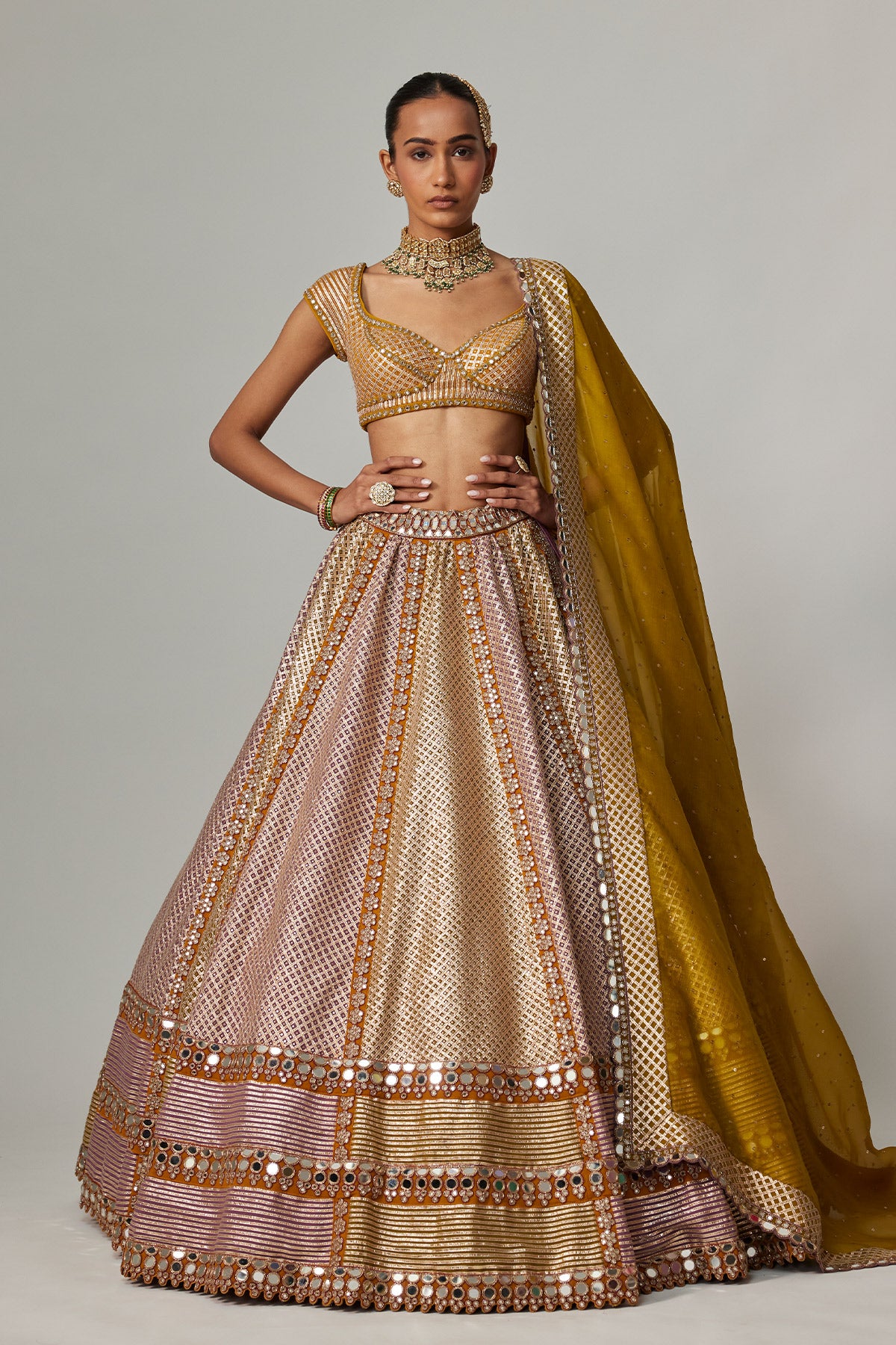 Mustard Multicolor Heavy Metallic Lehenga With Green Dupatta