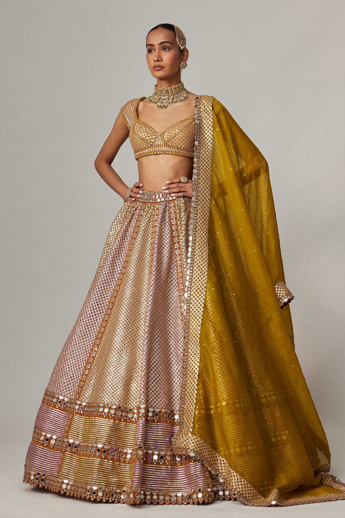 Mustard Multicolor Heavy Metallic Lehenga With Green Dupatta