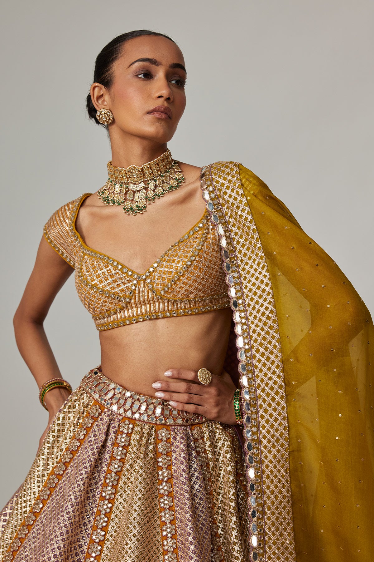 Mustard Multicolor Heavy Metallic Lehenga With Green Dupatta