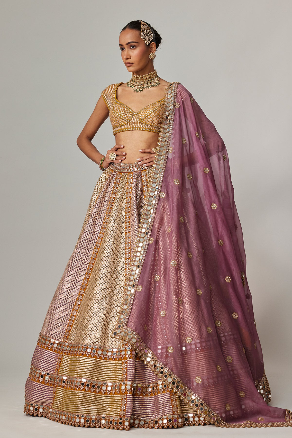 Mustard Multicolor Heavy Metallic Lehenga With Mud Mauve Dupatta
