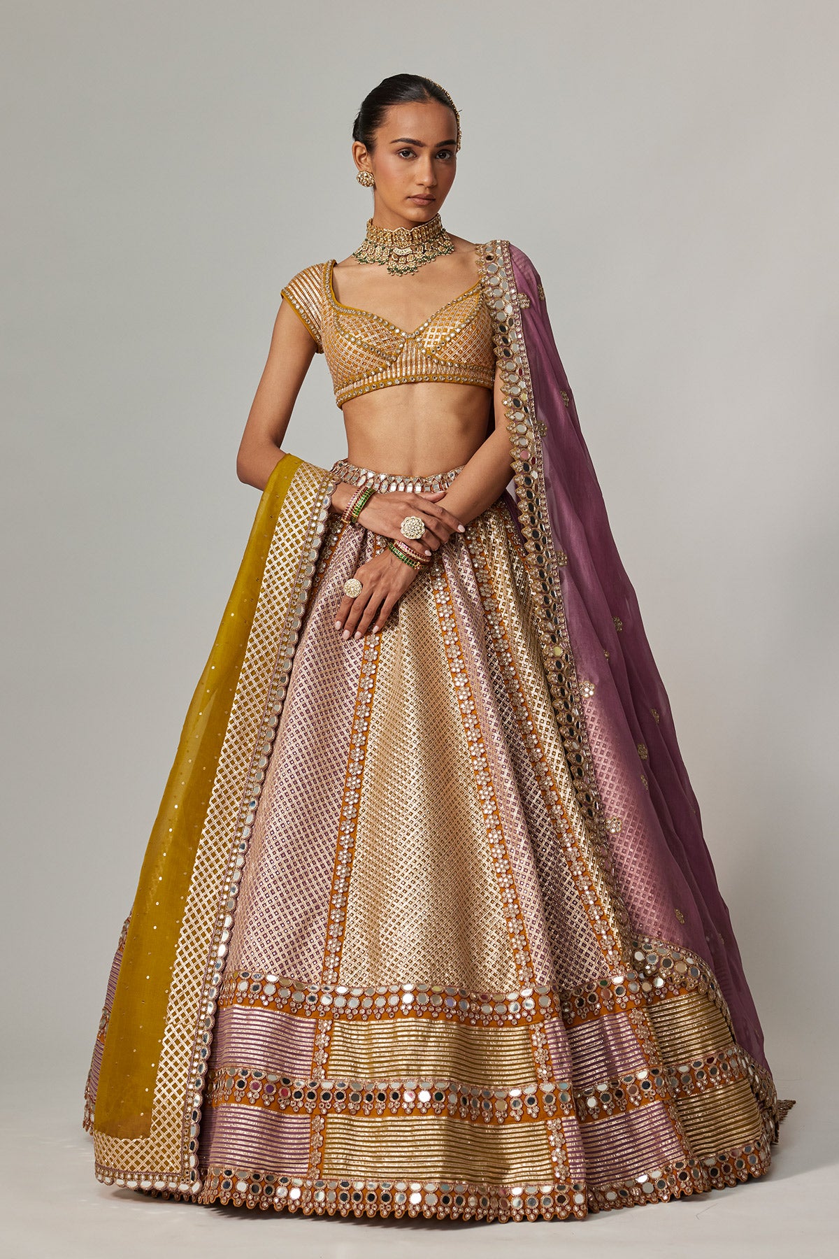 Mustard Multicolor Heavy Metallic Lehenga With Double Dupatta