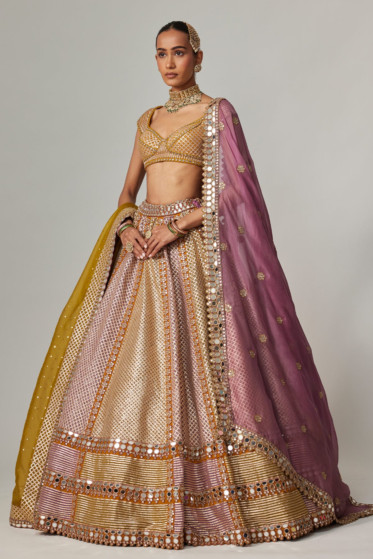 Mustard Multicolor Heavy Metallic Lehenga With Double Dupatta