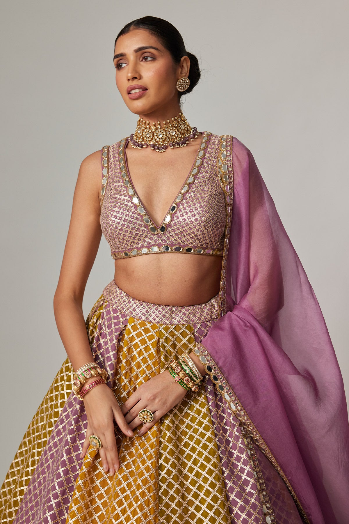Mustard Multicolor Crop Top With Dupatta