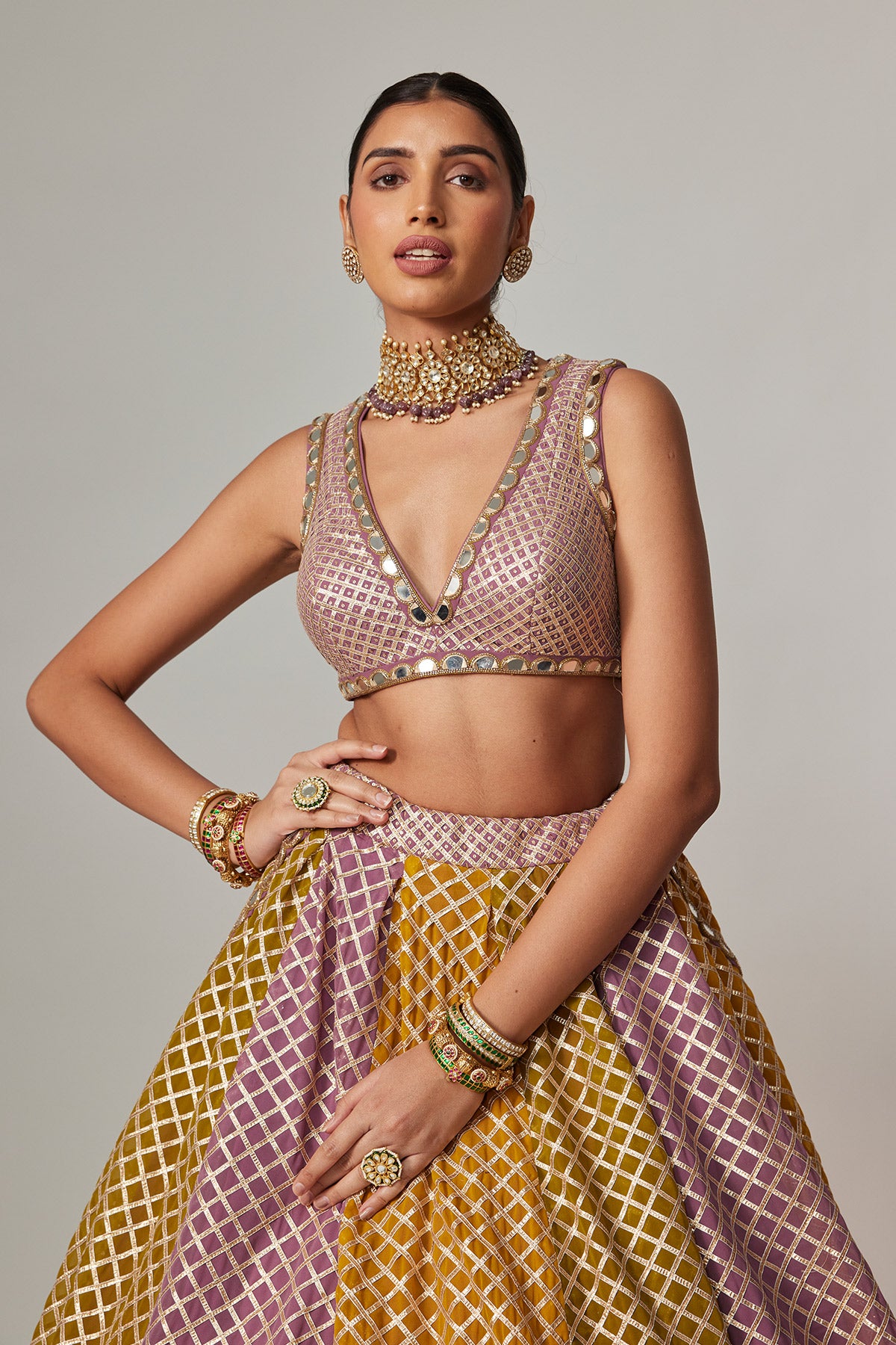 Mustard Multicolor Crop Top With Skirt