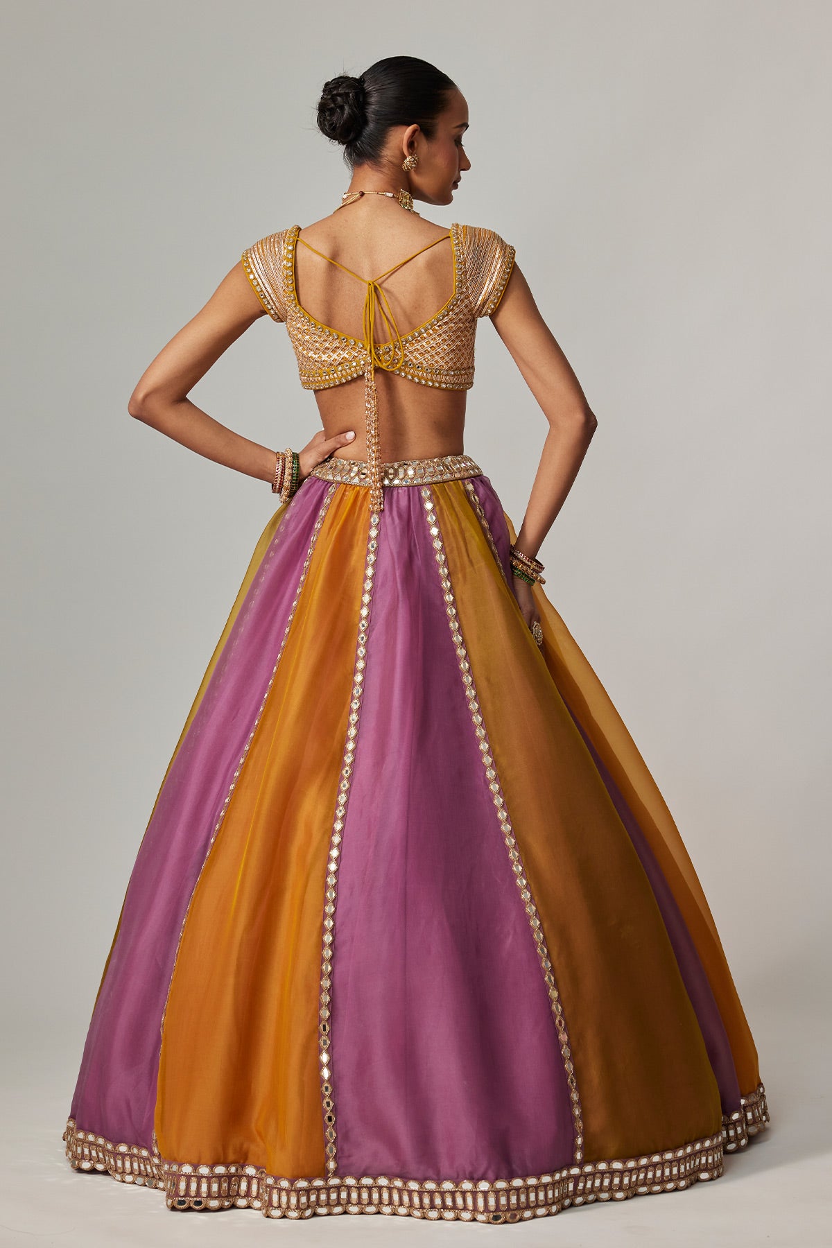 Mustard Multicolor Linear Lehenga With Cap Sleeve Blouse