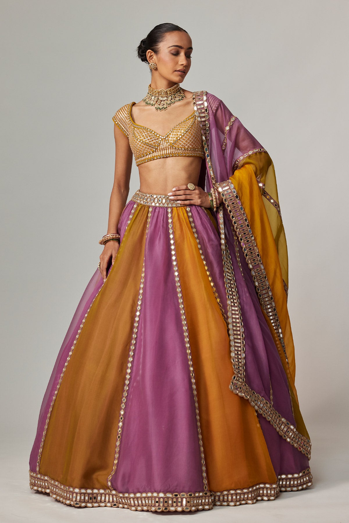 Mustard Multicolor Linear Lehenga With Cap Sleeve Blouse