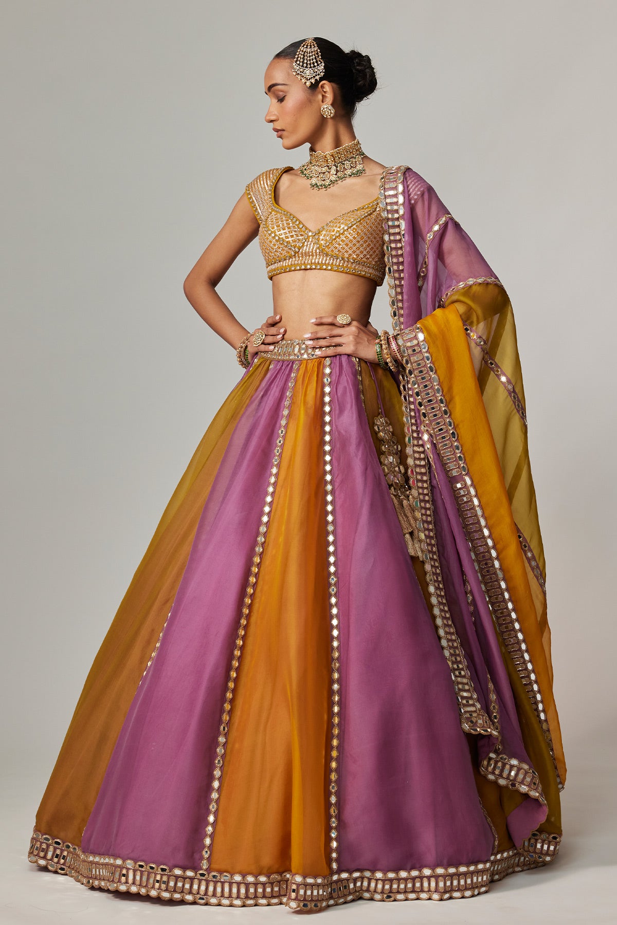 Mustard Multicolor Linear Lehenga With Cap Sleeve Blouse