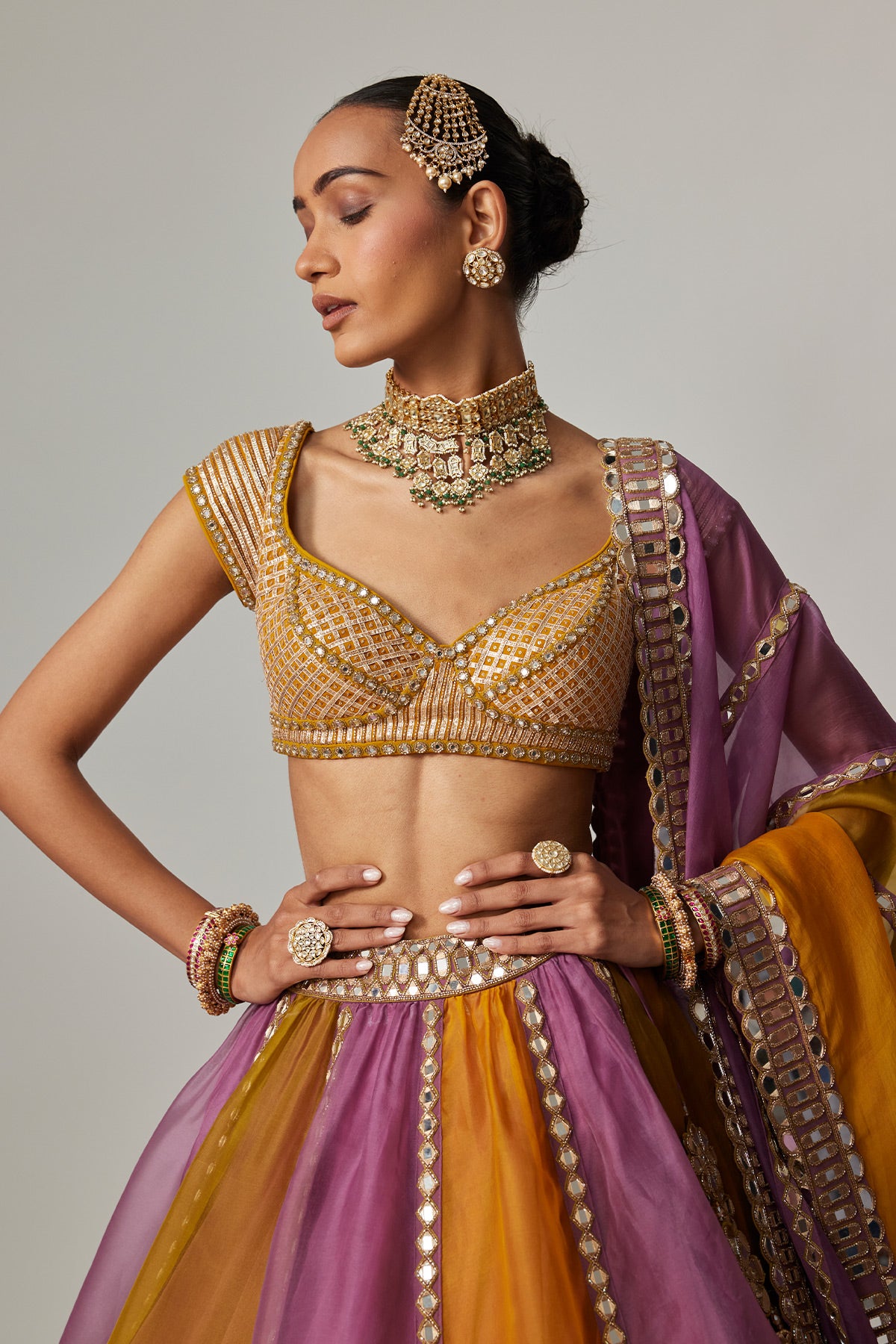 Mustard Multicolor Linear Lehenga With Cap Sleeve Blouse