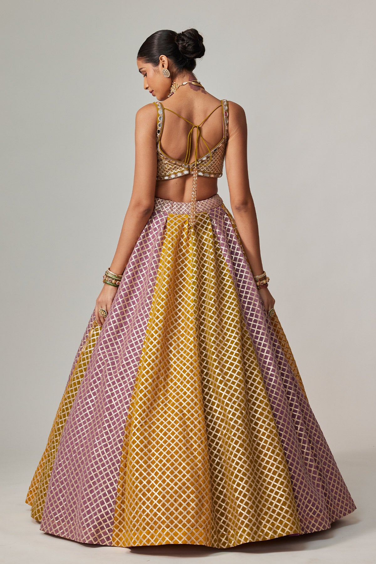 Mustard Multicolor Big Check Lehenga Set