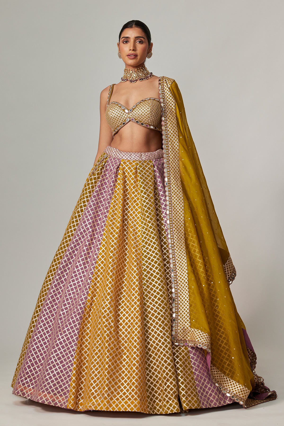 Mustard Multicolor Big Check Lehenga Set