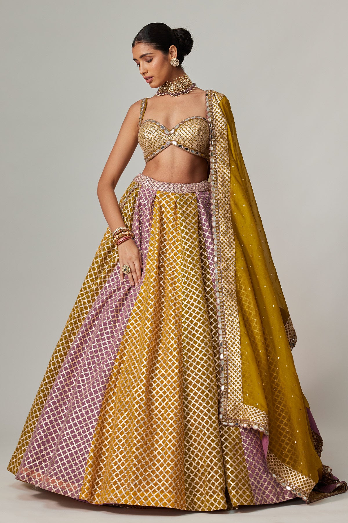 Mustard Multicolor Big Check Lehenga Set