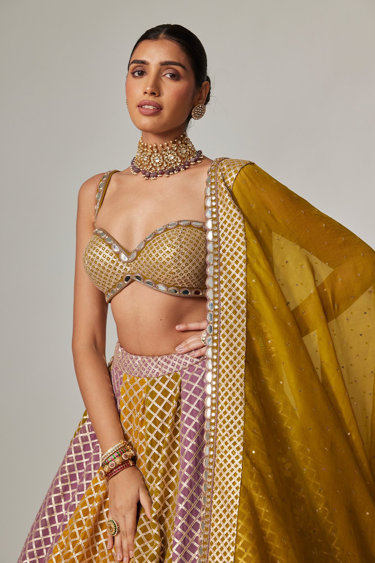 Mustard Multicolor Big Check Lehenga Set