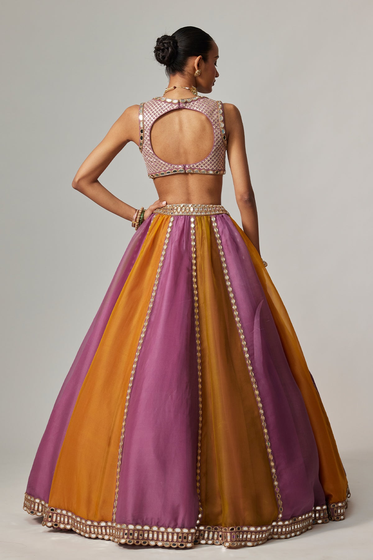 Mustard Multicolor Linear Lehenga With V Neck Blouse
