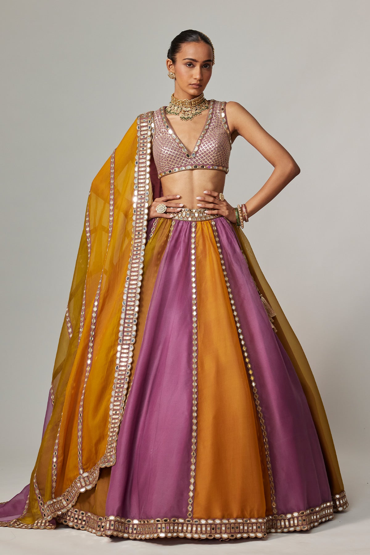 Mustard Multicolor Linear Lehenga With V Neck Blouse