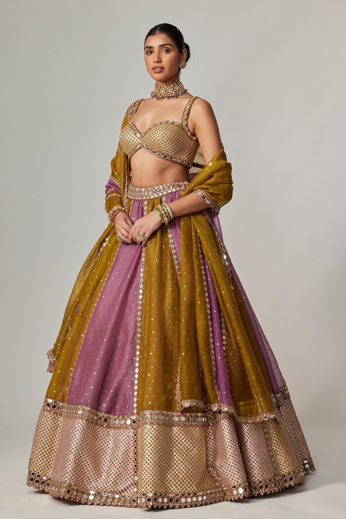 Green Multicolor Sequin Scatter Lehenga Set