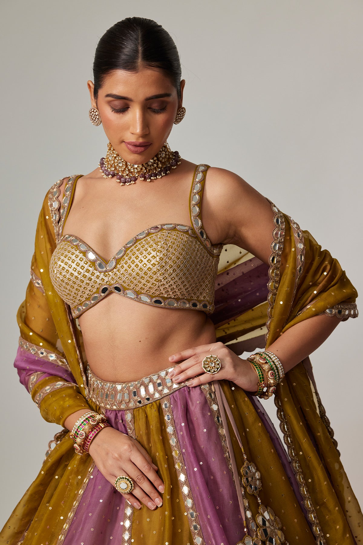 Green Multicolor Sequin Scatter Lehenga Set