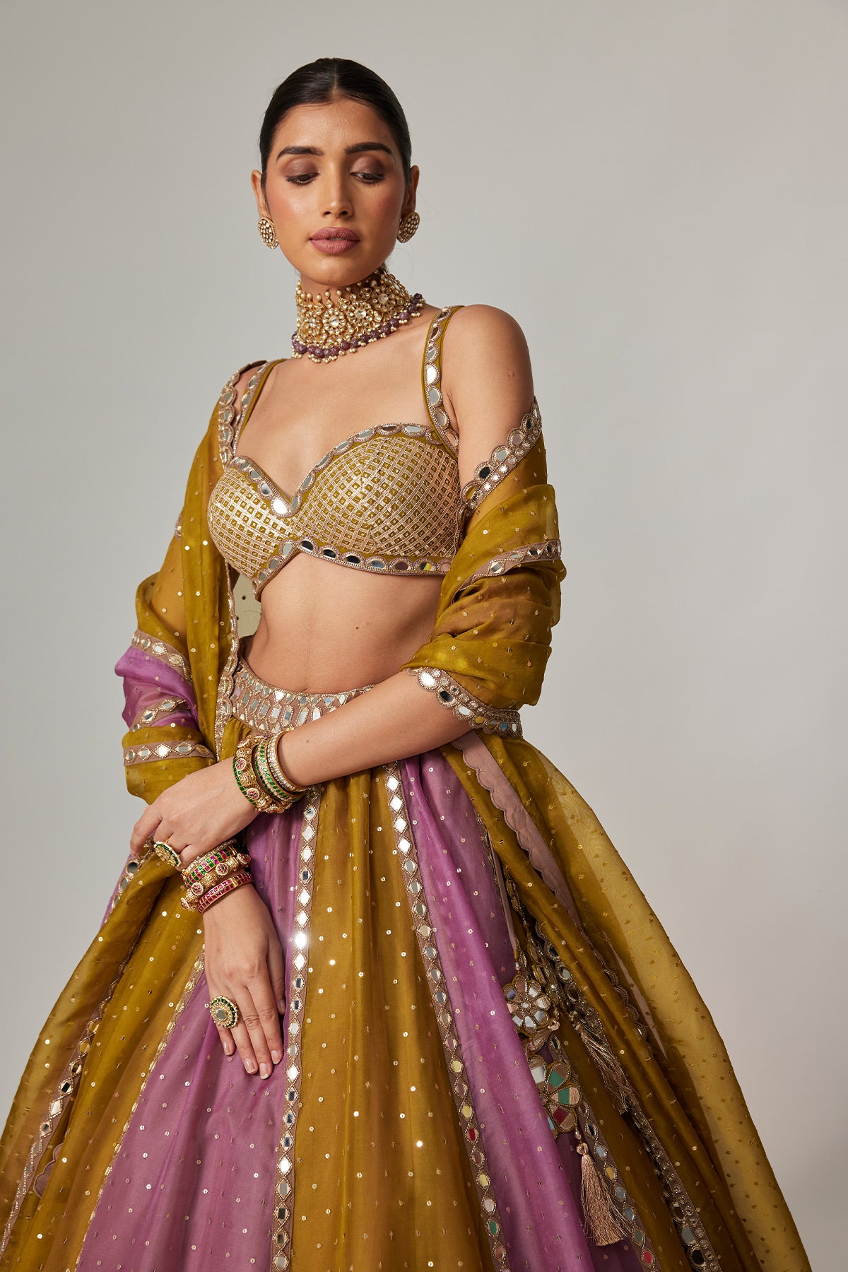 Green Multicolor Sequin Scatter Lehenga Set