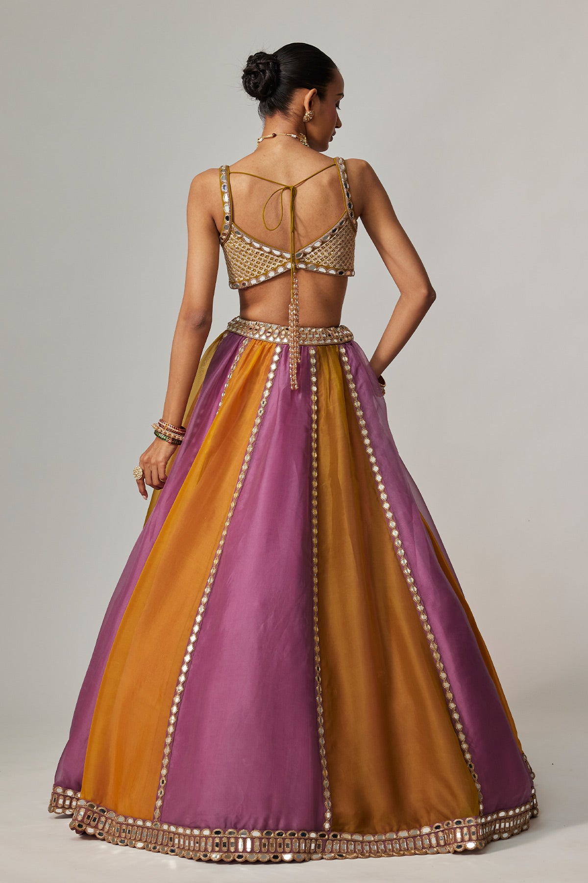 Mustard Multicolor Linear Lehenga With Sweetheart Neck Blouse