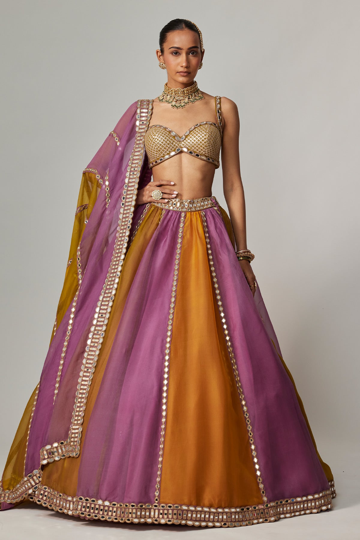Mustard Multicolor Linear Lehenga With Sweetheart Neck Blouse