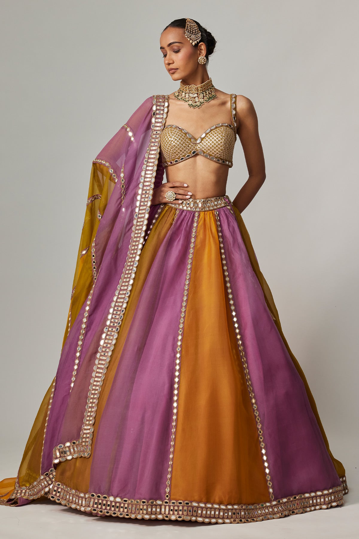 Mustard Multicolor Linear Lehenga With Sweetheart Neck Blouse