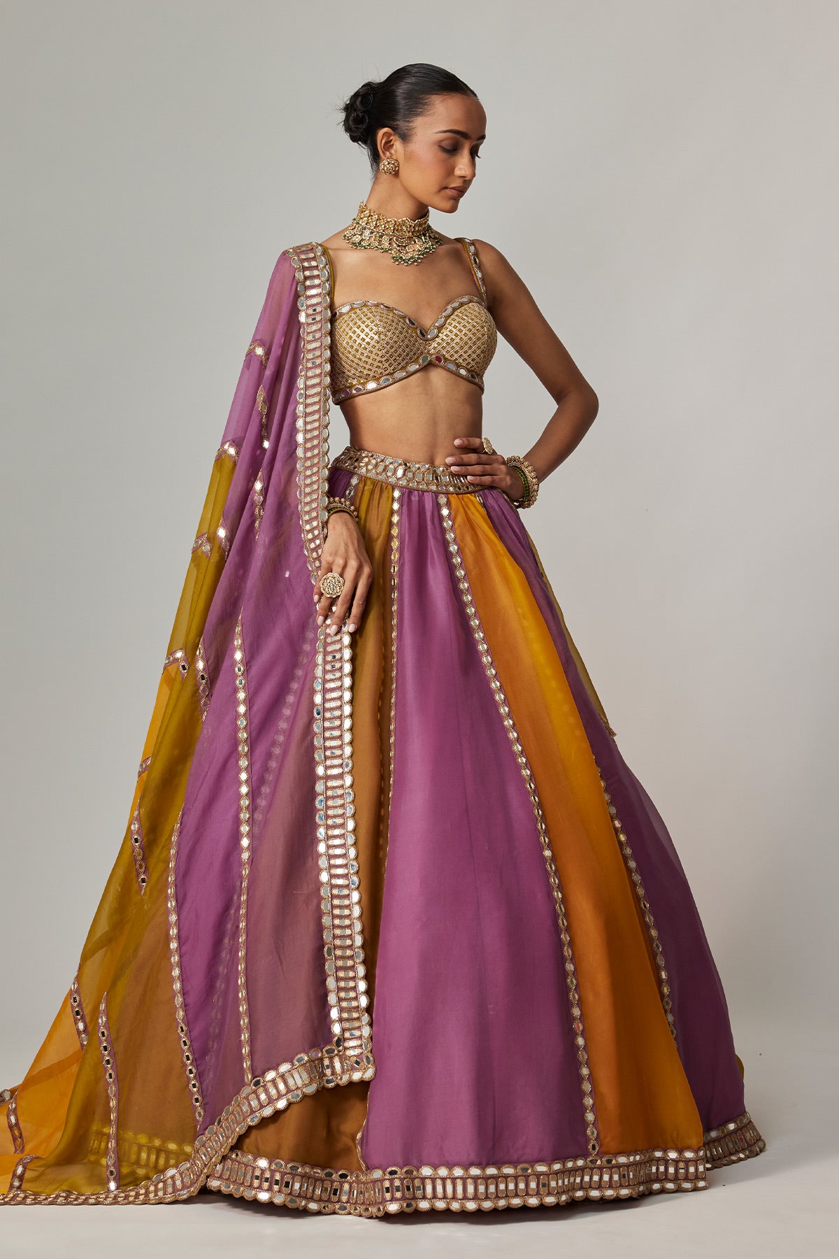 Mustard Multicolor Linear Lehenga With Sweetheart Neck Blouse