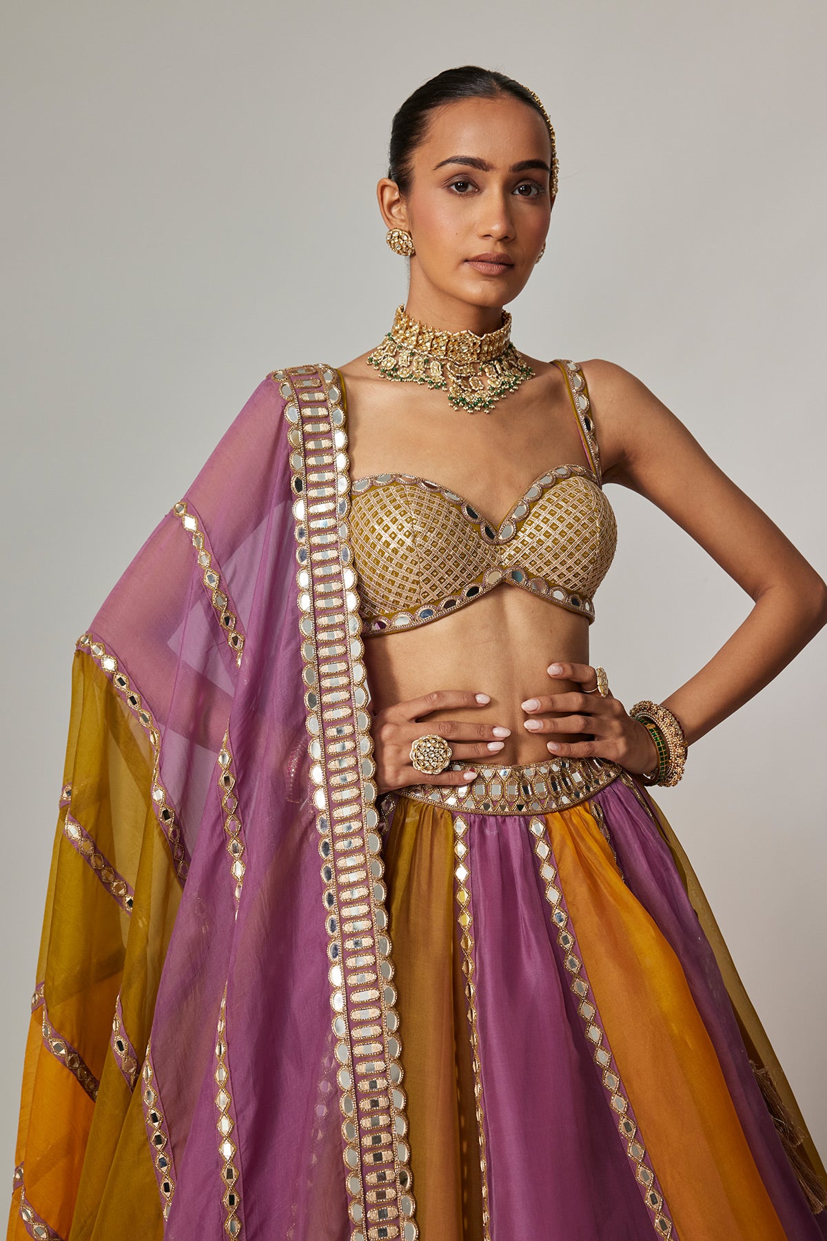 Mustard Multicolor Linear Lehenga With Sweetheart Neck Blouse