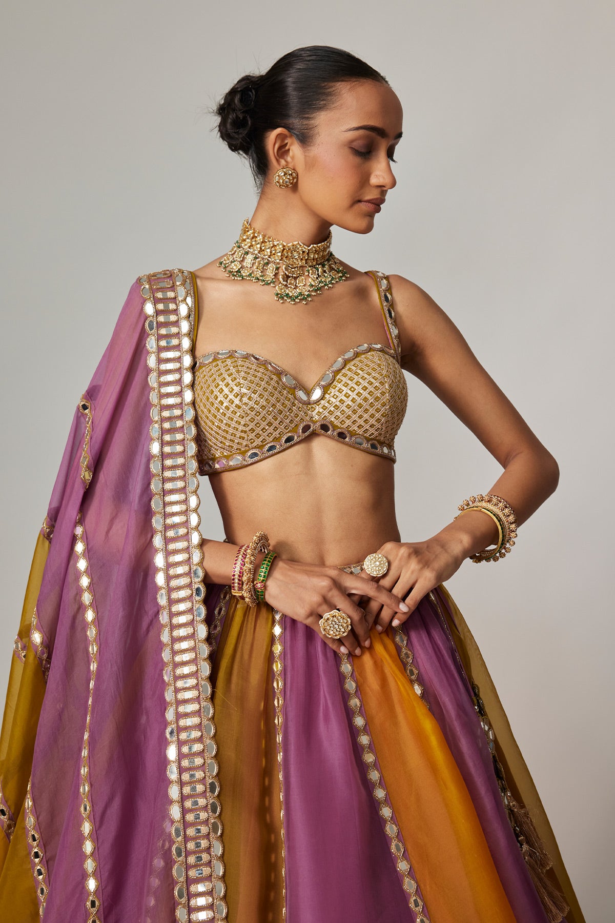 Mustard Multicolor Linear Lehenga With Sweetheart Neck Blouse