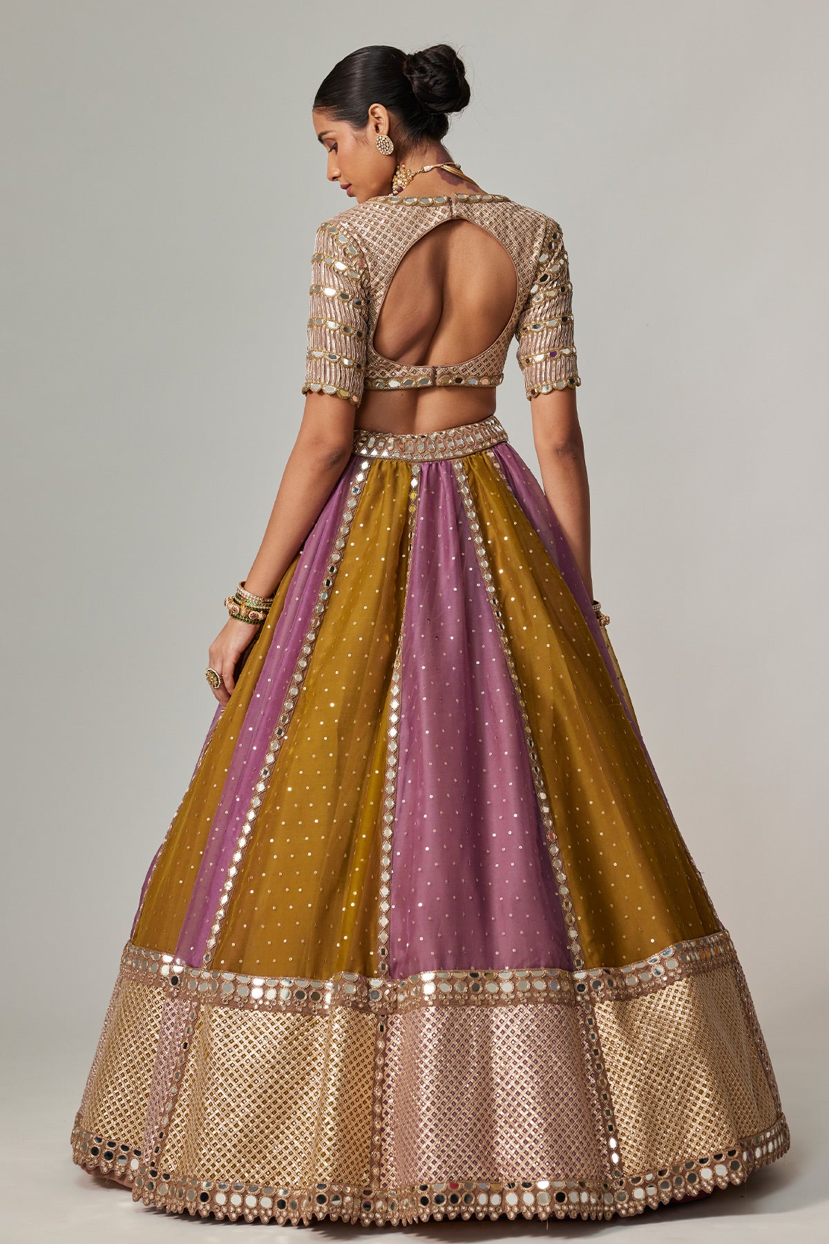 Green Multicolor Sequin Scatter Lehenga With V Neck Elbow Sleeve Blouse