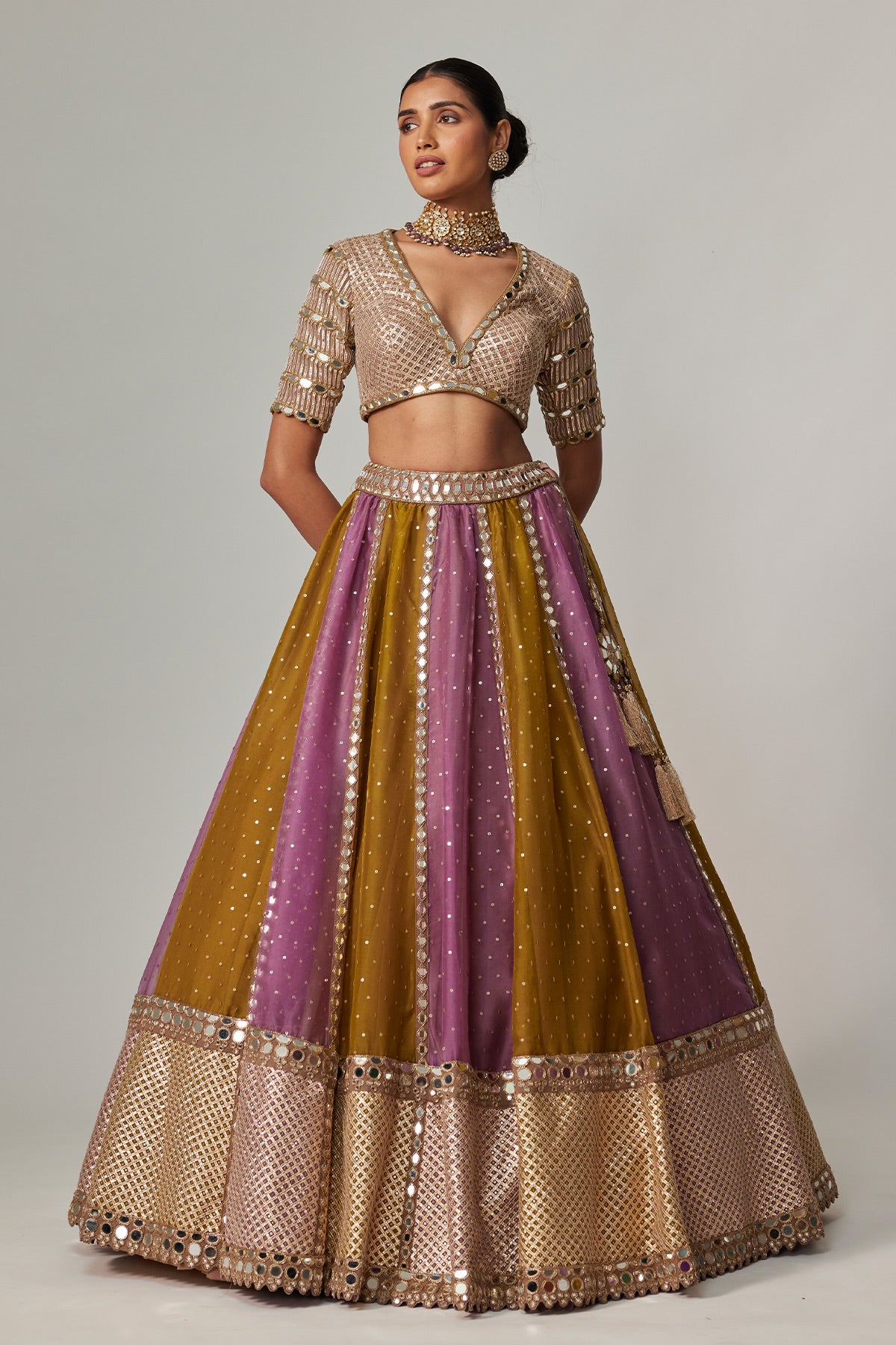 Green Multicolor Sequin Scatter Lehenga With V Neck Elbow Sleeve Blouse