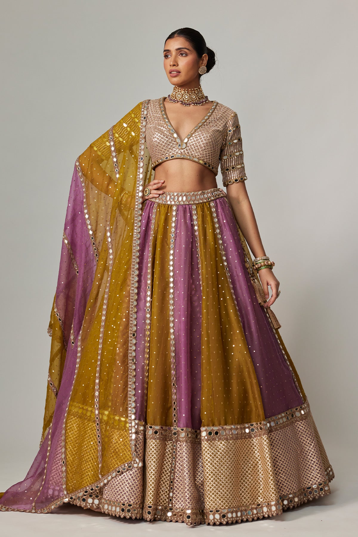 Green Multicolor Sequin Scatter Lehenga With V Neck Elbow Sleeve Blouse