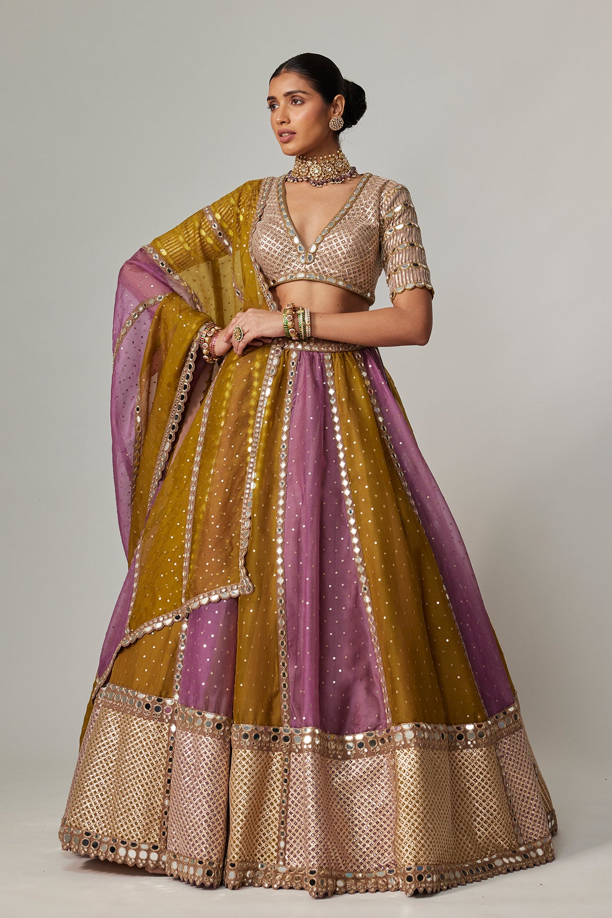 Green Multicolor Sequin Scatter Lehenga With V Neck Elbow Sleeve Blouse