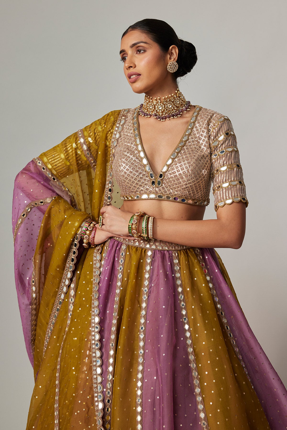 Green Multicolor Sequin Scatter Lehenga With V Neck Elbow Sleeve Blouse