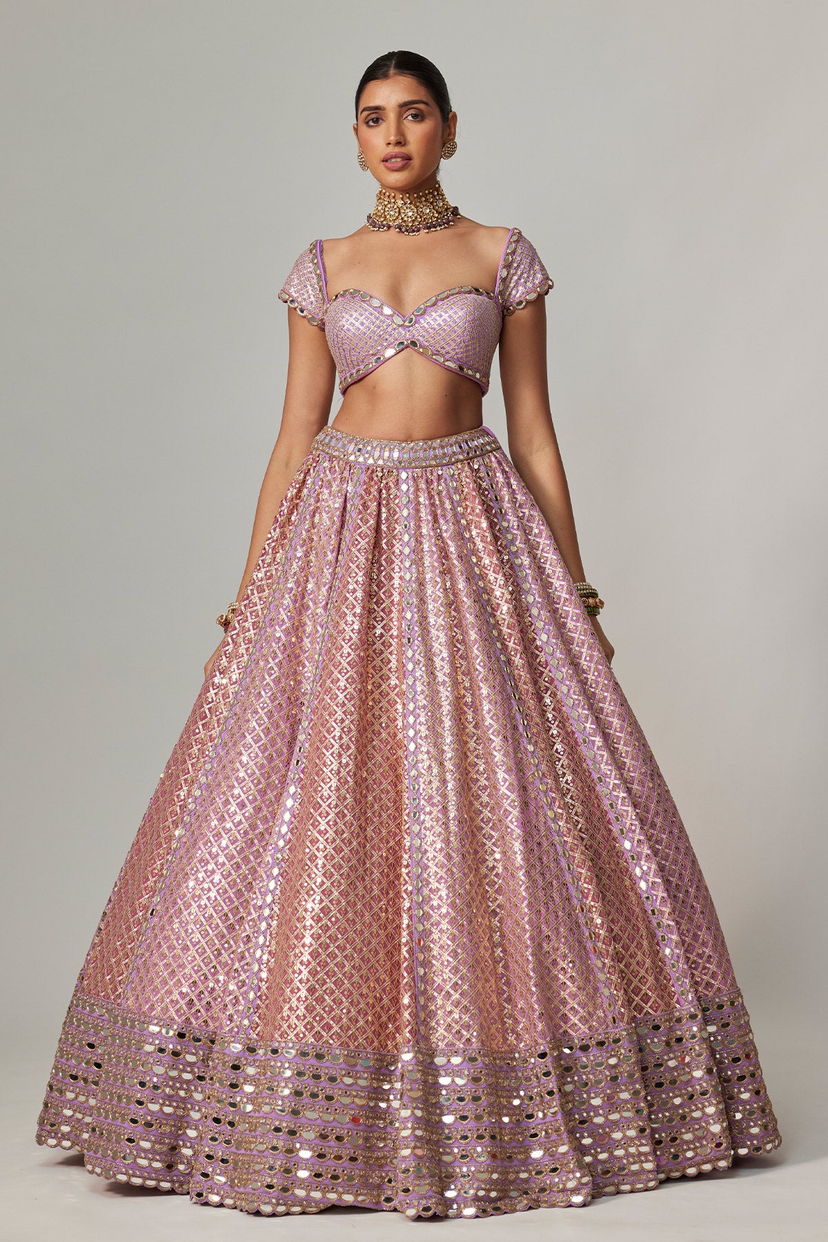 Lilac Gota Multicolor Heavy Metallic Lehenga With Cap Sleeve Blouse