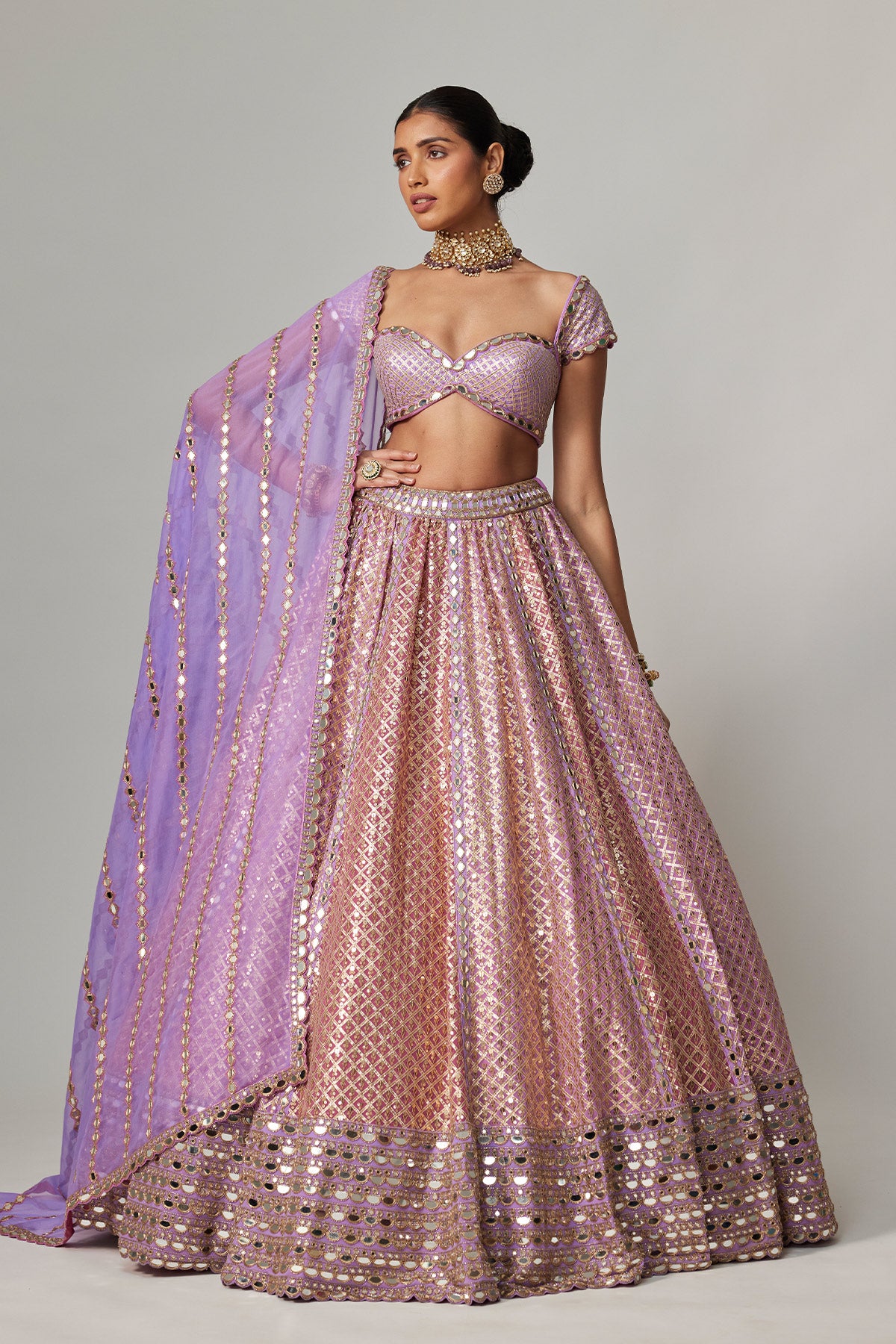 Lilac Gota Multicolor Heavy Metallic Lehenga With Cap Sleeve Blouse