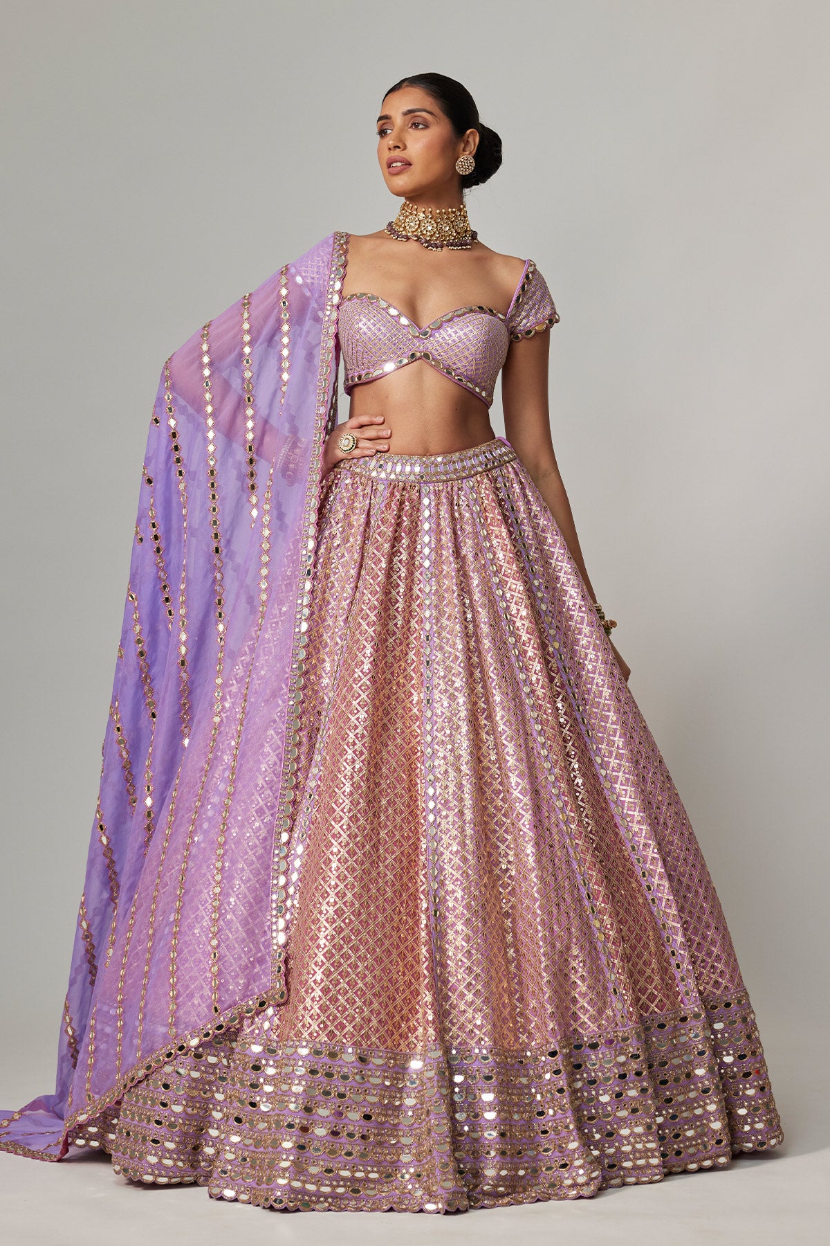 Lilac Gota Multicolor Heavy Metallic Lehenga With Cap Sleeve Blouse