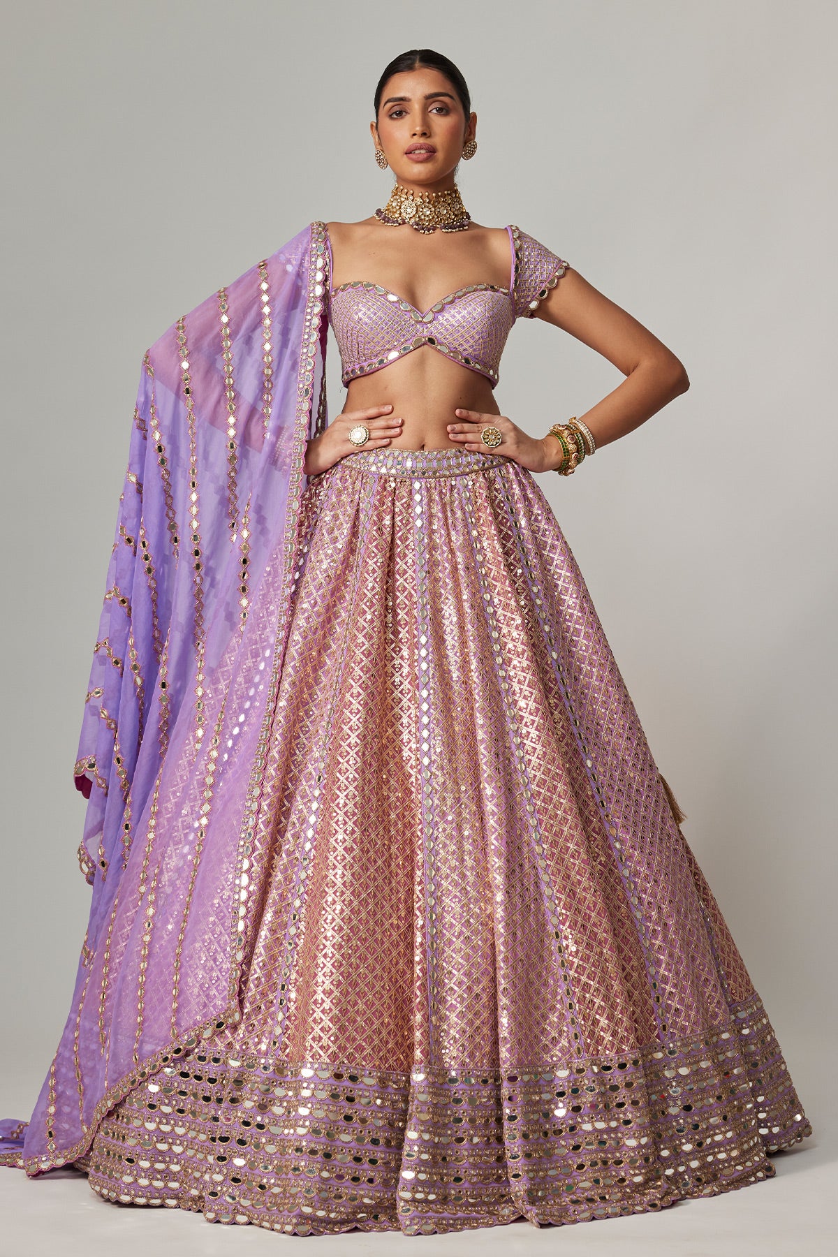 Lilac Gota Multicolor Heavy Metallic Lehenga With Cap Sleeve Blouse