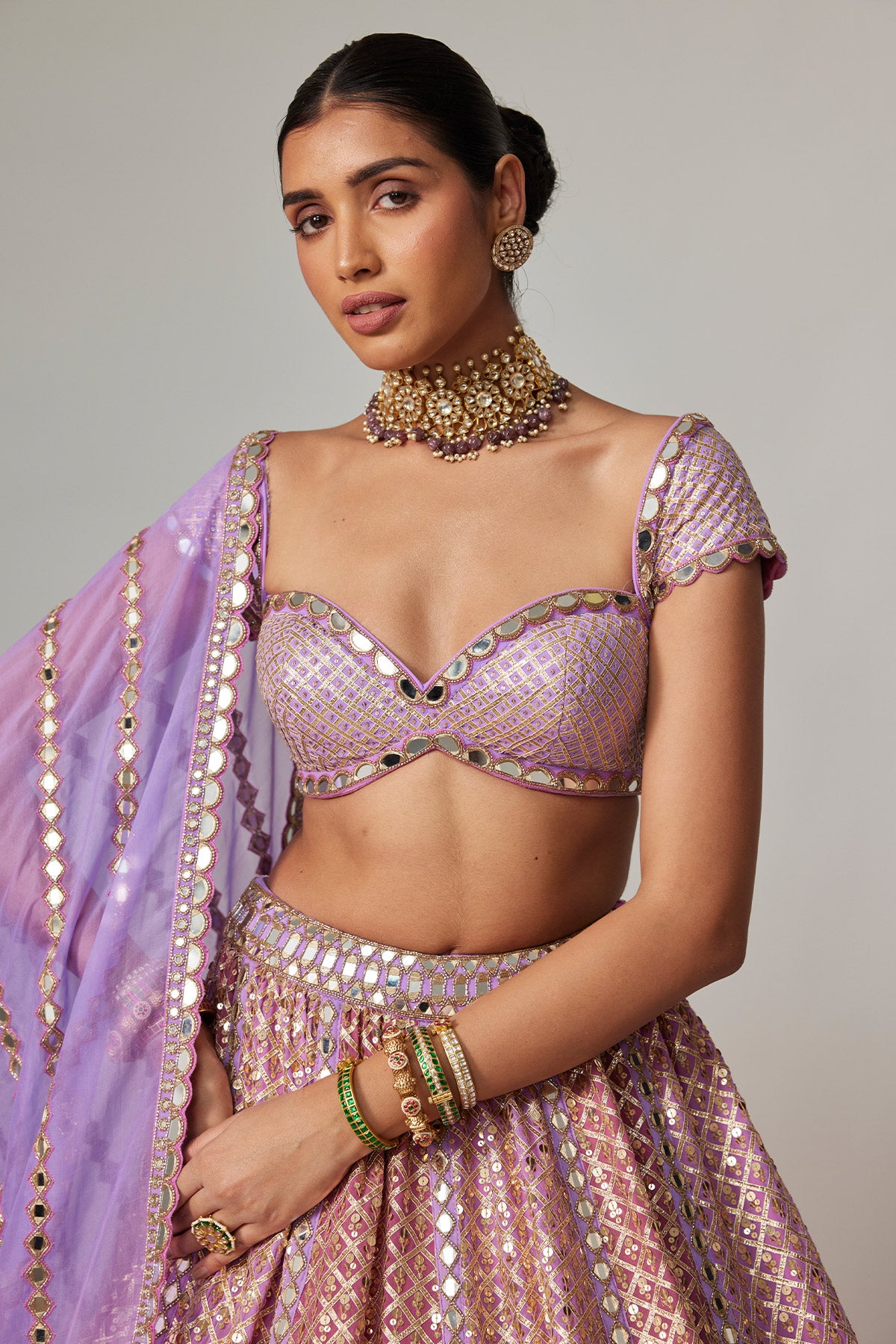 Lilac Gota Multicolor Heavy Metallic Lehenga With Cap Sleeve Blouse