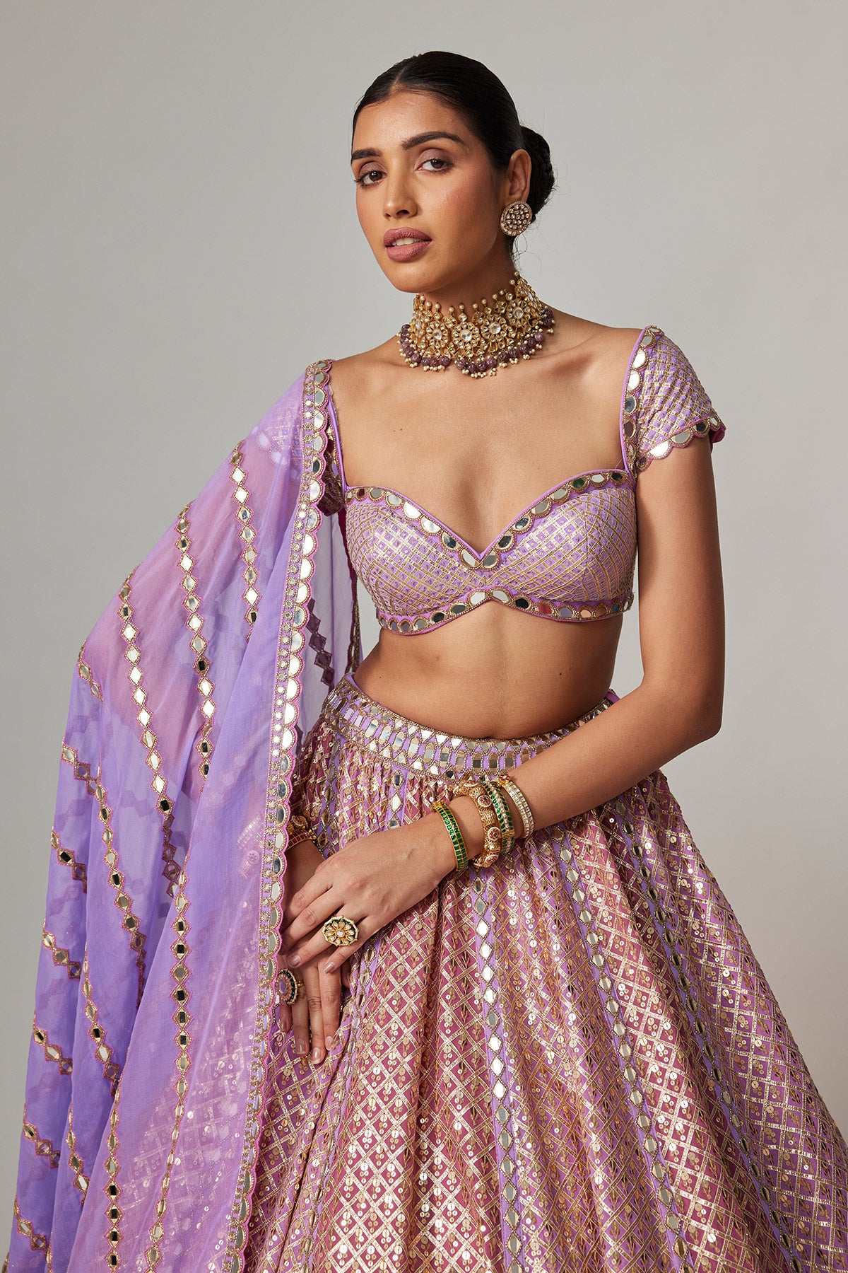Lilac Gota Multicolor Heavy Metallic Lehenga With Cap Sleeve Blouse