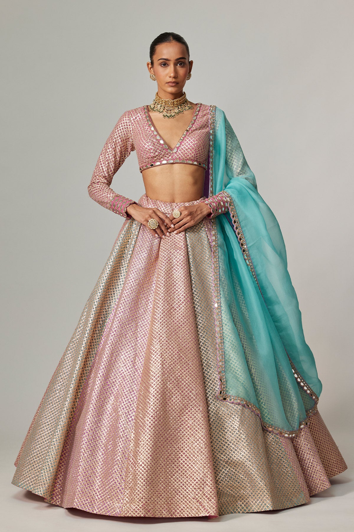 Dark Blush Multicolor Metallic Gota Crop Top Skirt With Aqua Dupatta