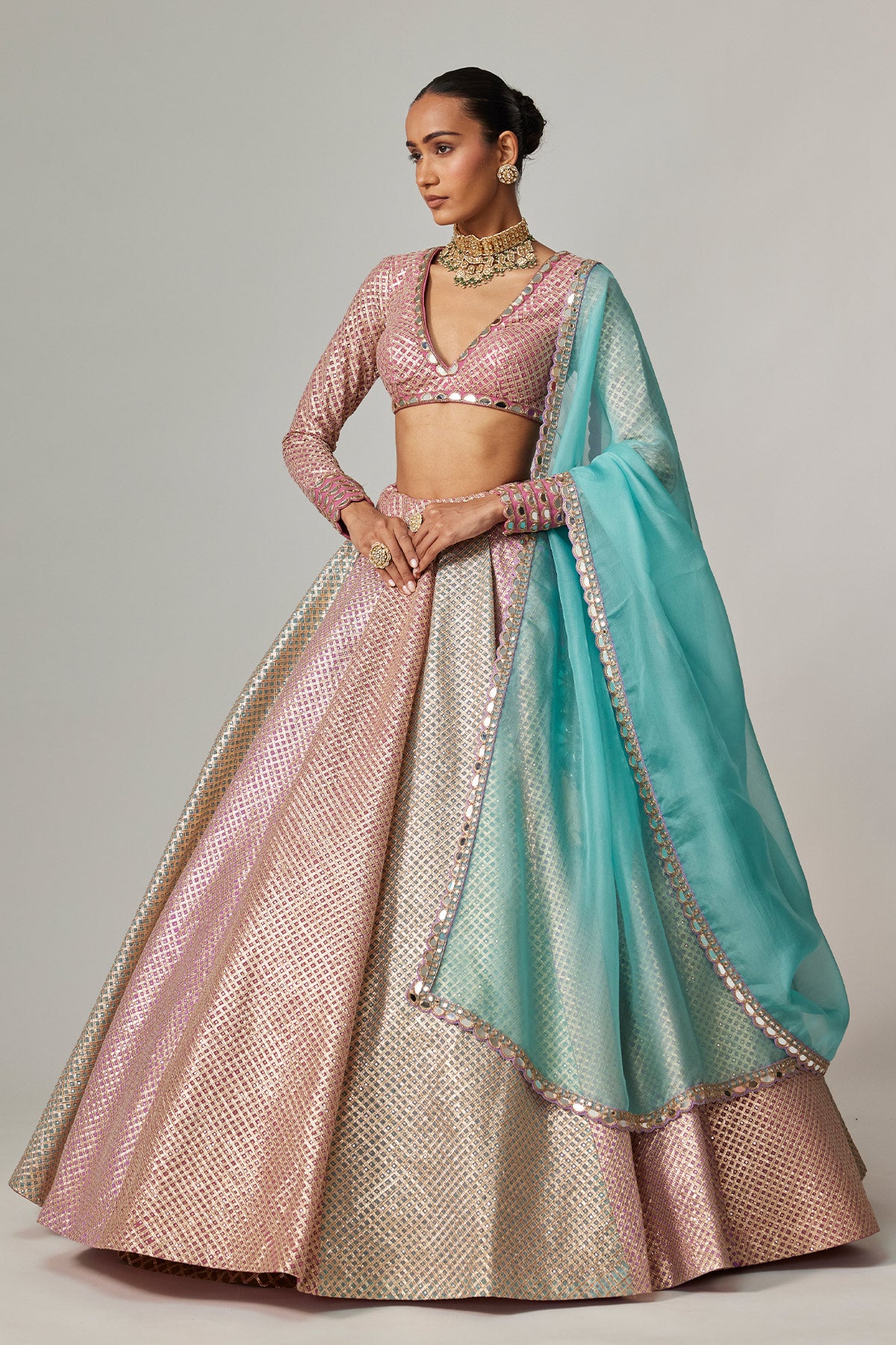 Dark Blush Multicolor Metallic Gota Crop Top Skirt With Aqua Dupatta