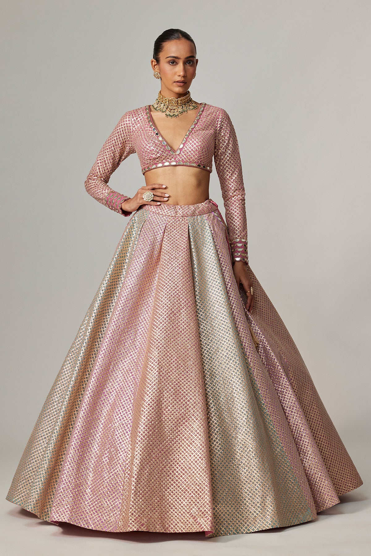 Dark Blush Multicolor Metallic Gota Crop Top Skirt With Aqua Dupatta
