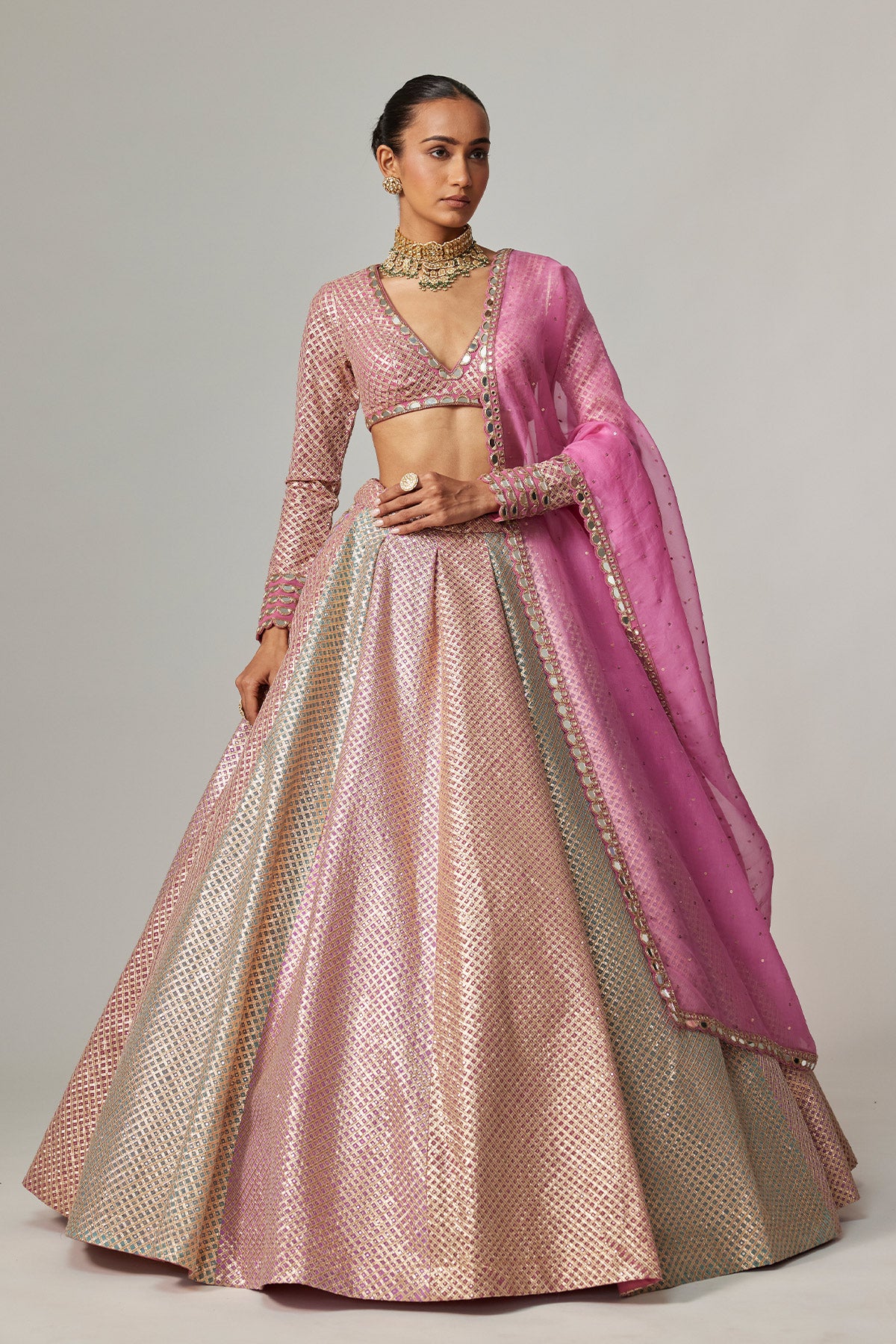 Dark Blush Multicolor Metallic Gota Crop Top Skirt With Dark Blush Dupatta