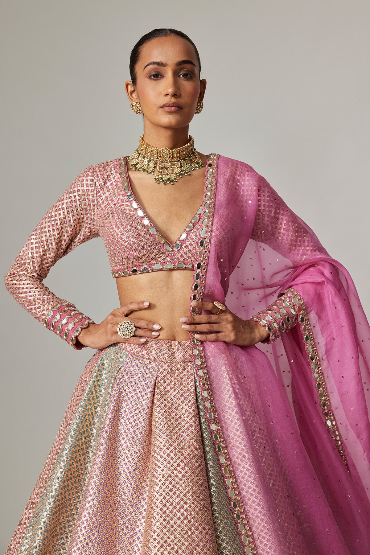 Dark Blush Multicolor Metallic Gota Crop Top Skirt With Dark Blush Dupatta