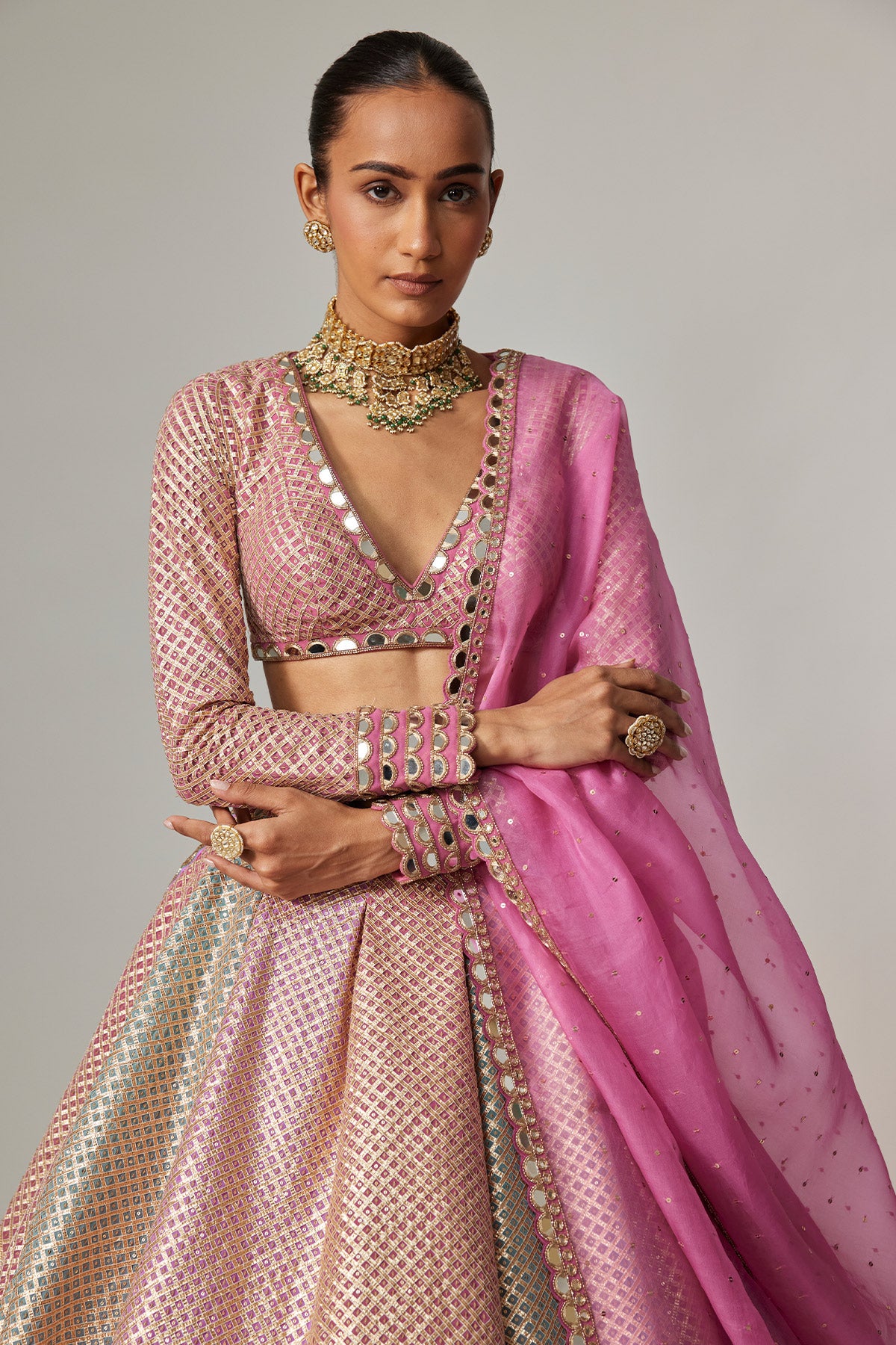 Dark Blush Multicolor Metallic Gota Crop Top Skirt With Dark Blush Dupatta