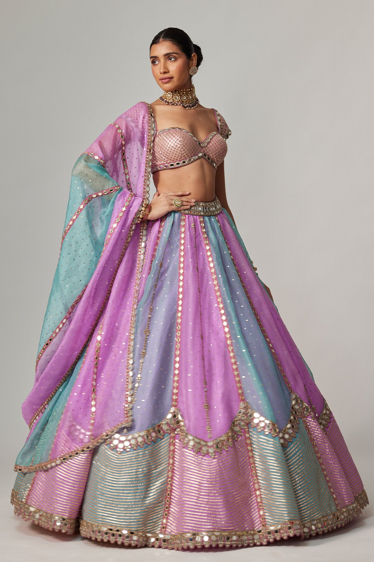 Mauve Multicolor Sequins Scatter Lehenga With Cap Sleeve Blouse