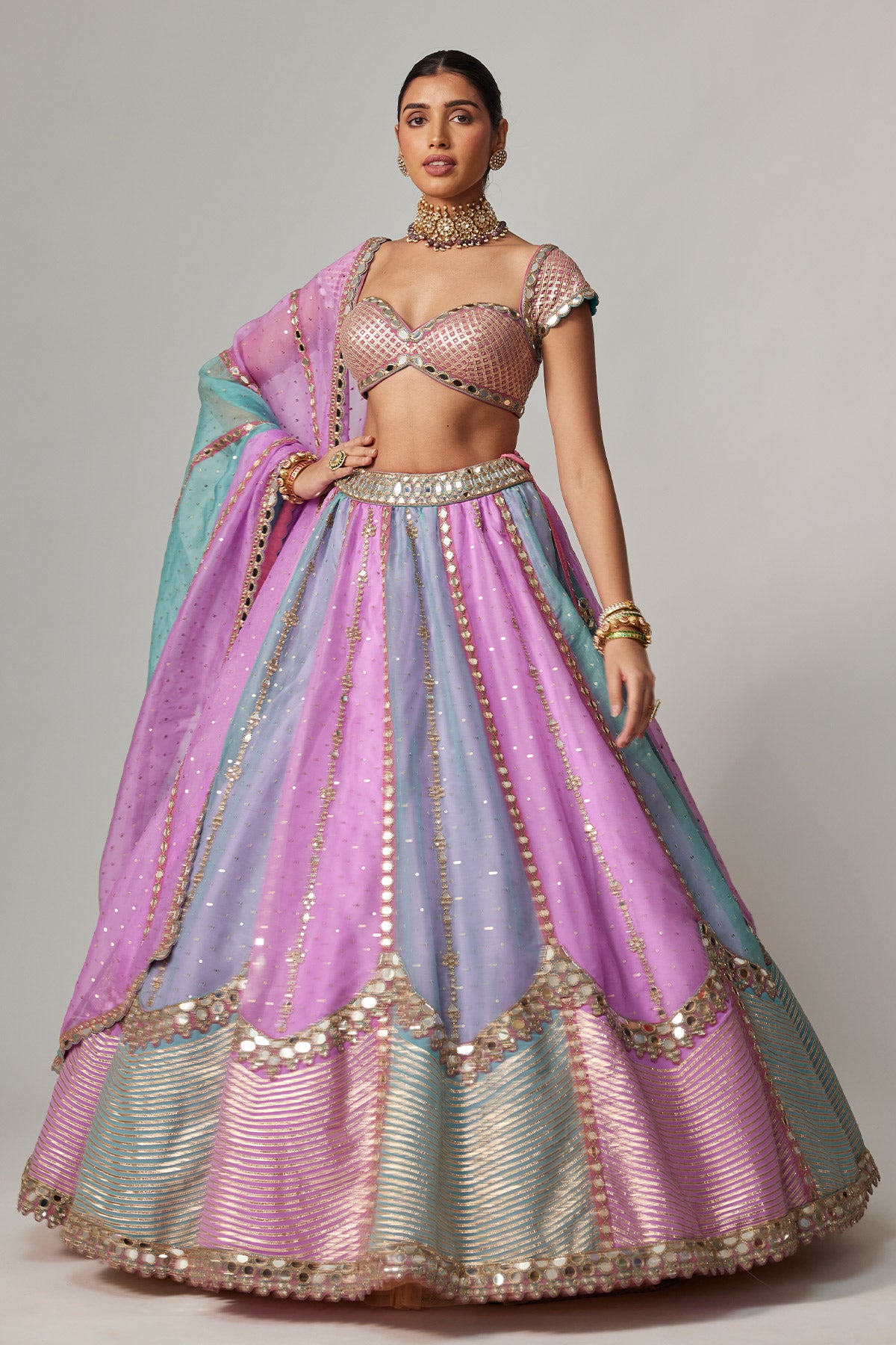 Mauve Multicolor Sequins Scatter Lehenga With Cap Sleeve Blouse