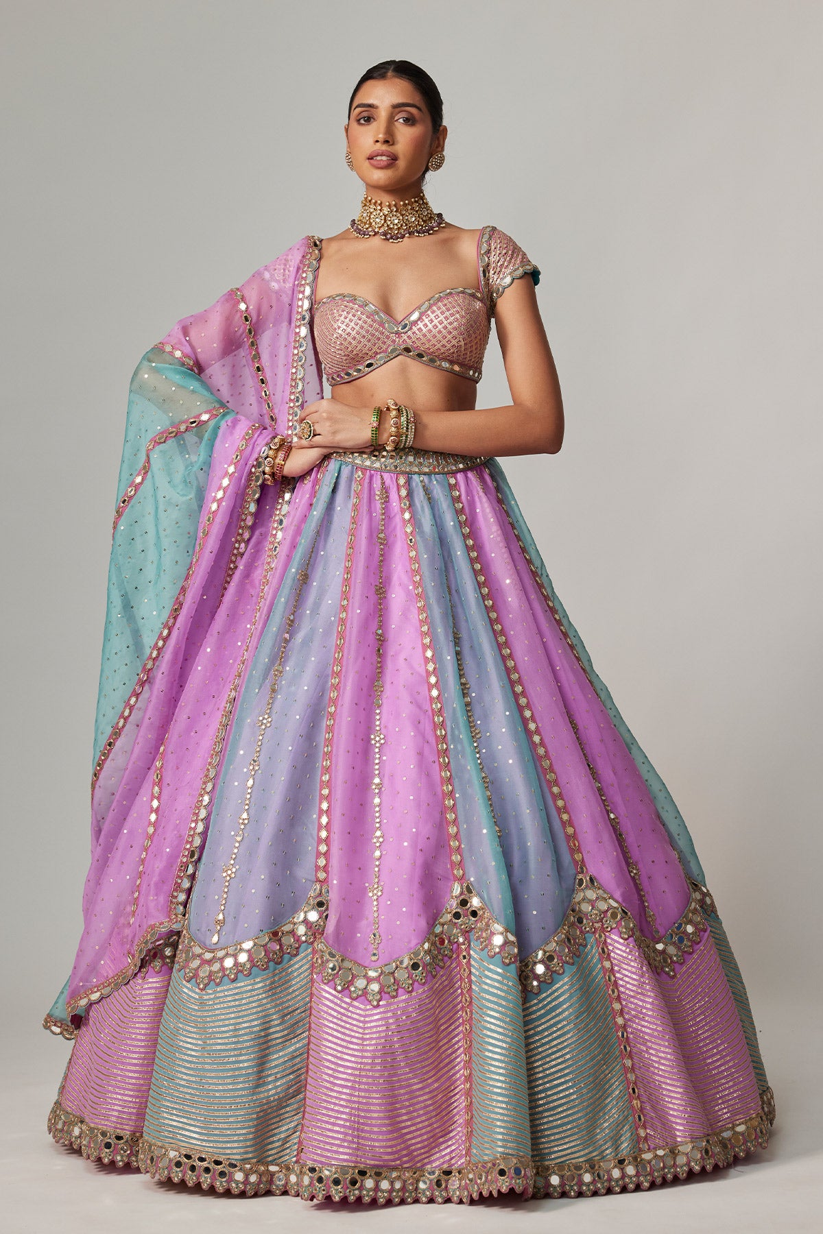 Mauve Multicolor Sequins Scatter Lehenga With Cap Sleeve Blouse