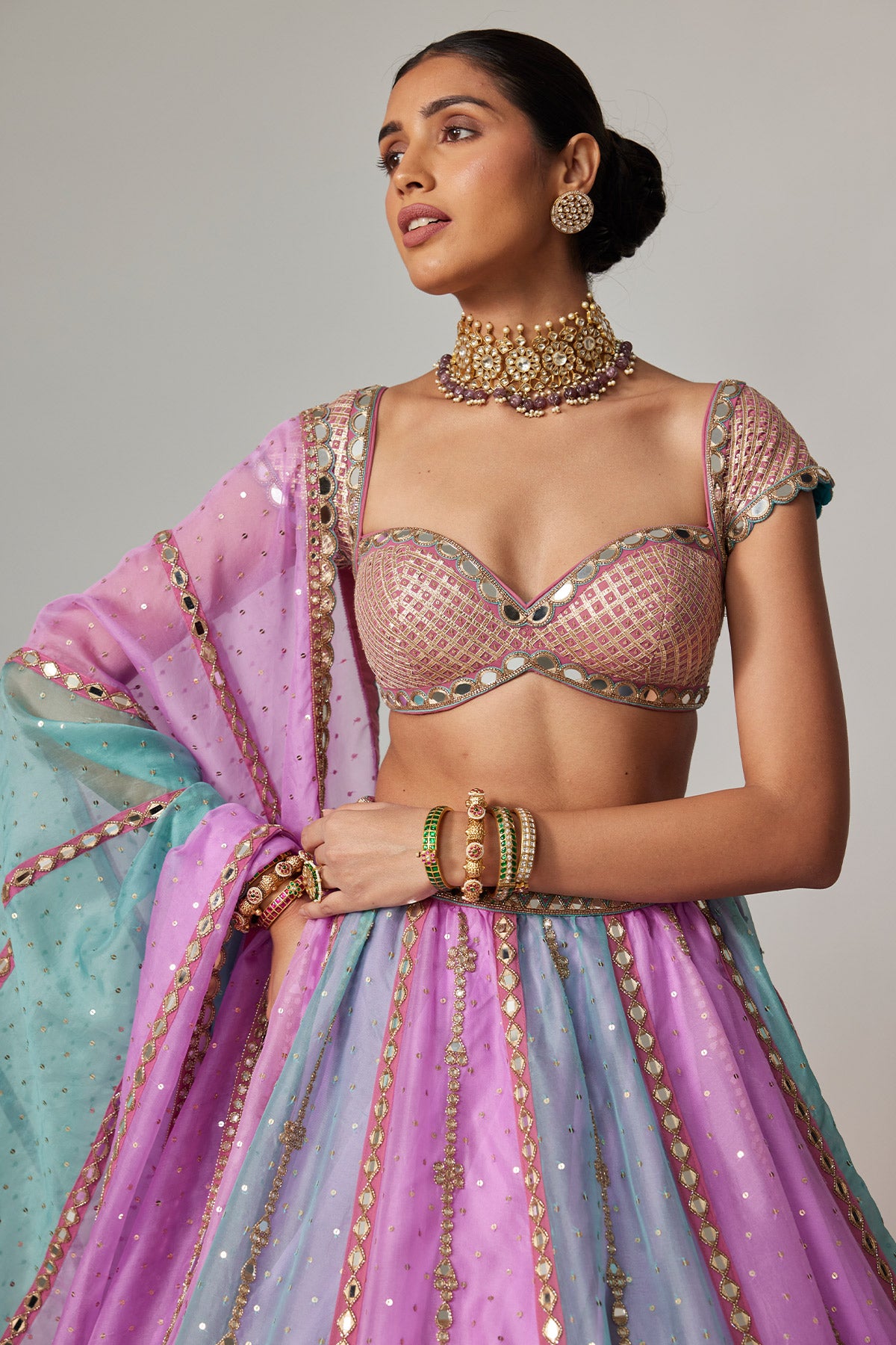 Mauve Multicolor Sequins Scatter Lehenga With Cap Sleeve Blouse